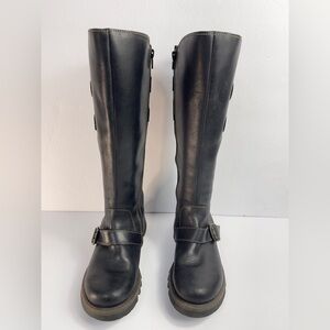 Fly London Sher tall boots in leather with buckle details and a low wedge sole.